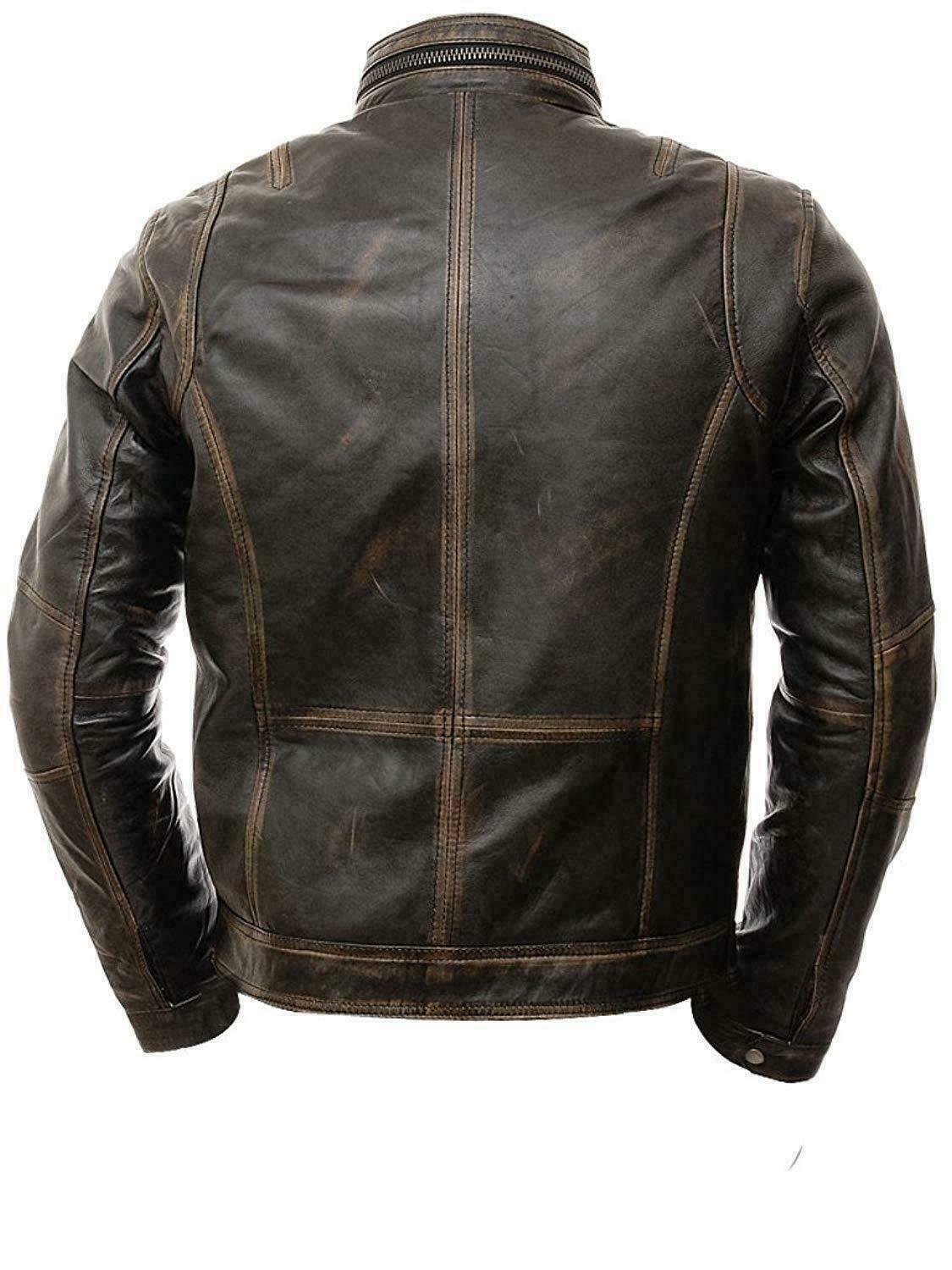 Mens abraci biker vintage cafe racer distressed brown real leather ...